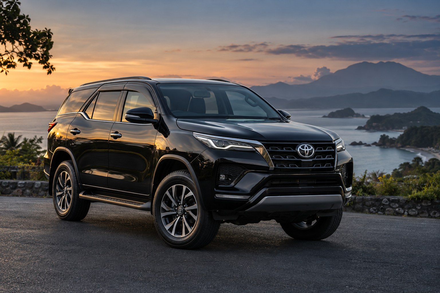 Ilustrasi AI realistis Toyota Fortuner dalam suasana sinematik